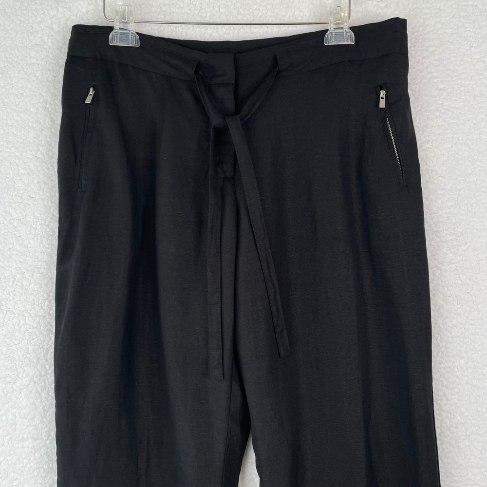 Ashley Stewart Black Linen Blend Tie Waist Straight Leg Trousers Womens 12
